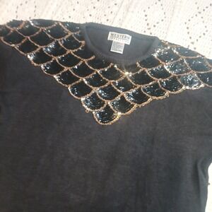 80s Vtg‎ Western Connection Sequin Scalloped Black Sweater Womens L Shoulder Pad